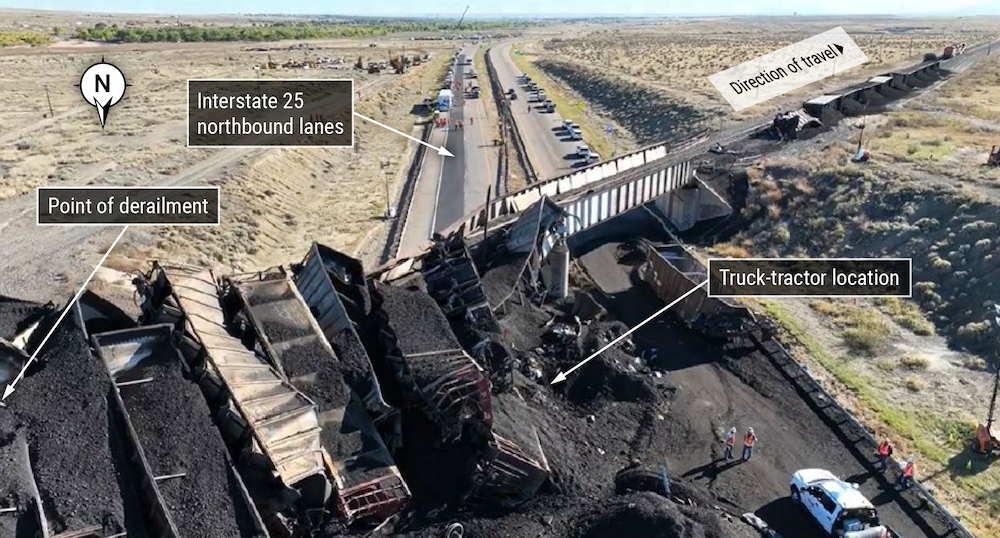 The scene of the Oct. 15, 2023, derailment of a BNSF coal train that killed a truck driver on Interstate 25. BNSF via NTSB